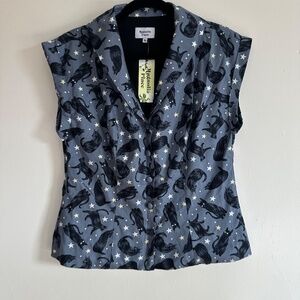 Magnolia Place Retro Black Cat Star Print Button Down Top/Vest, NWT